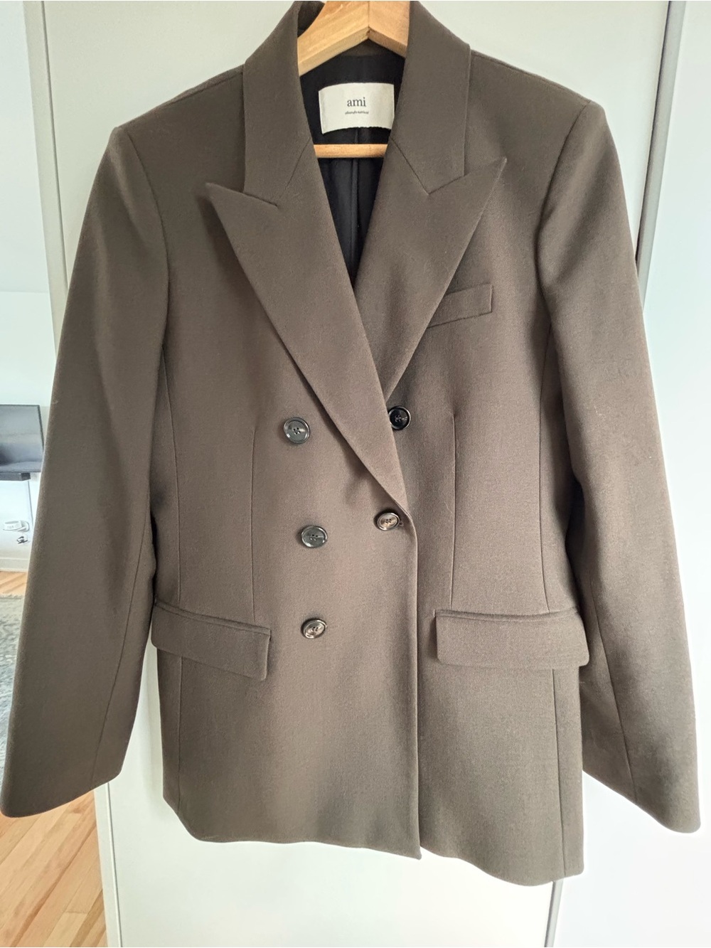 Ami Double-Breasted Brown Gabardine Wool Blazer